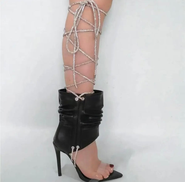 Women Open Pointed Toe Lace Up Faux Leather Ankle Boots