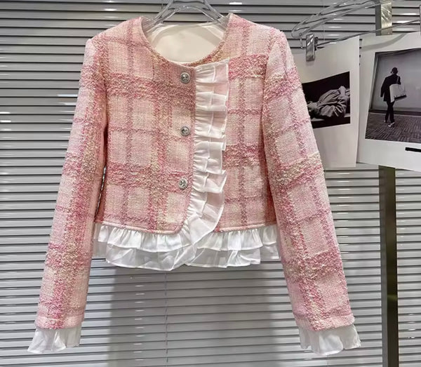 Women Pink Plaid Ruffled Blazer Tweed Two Piece Pant Set