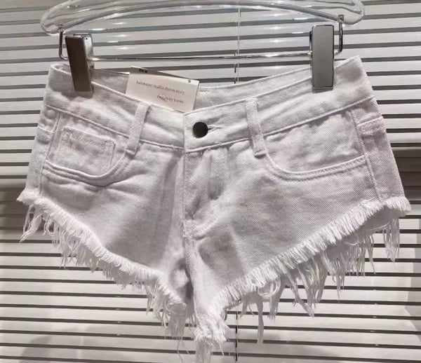 Women Fashion Ripped Fringe Denim Shorts