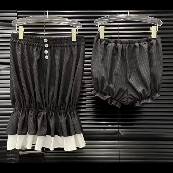 Women Sexy Strapless B&W Striped Ruffle Two Piece Short Set