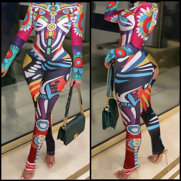 Women Colorful Printed Fashion Long Sleeve Jumpsuit