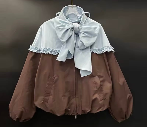 Women Color Patchwork Bow Jacket Two Piece Short Set