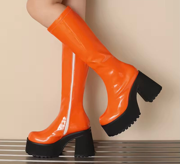 Women Color Fashion Platform Patent Leather Knee High Boots