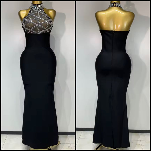 Women Black Crystal Mesh Sexy Halter Sleeveless Maxi Dress