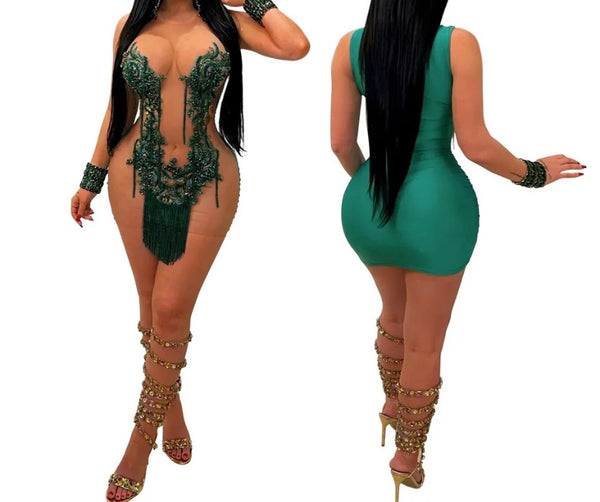 Women Sexy Mesh Bling Sleeveless Tassel Dress