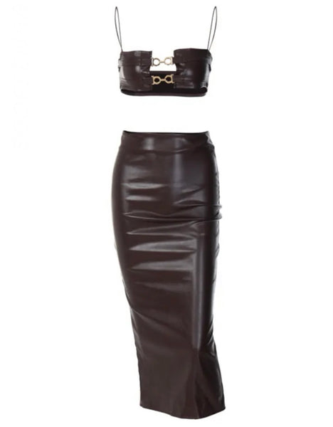 Women Sexy Brown Sleeveless Faux Leather Two Piece Skirt Set