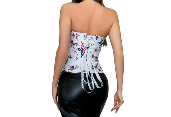 Women Sexy Strapless Flag Star Print Corset Top