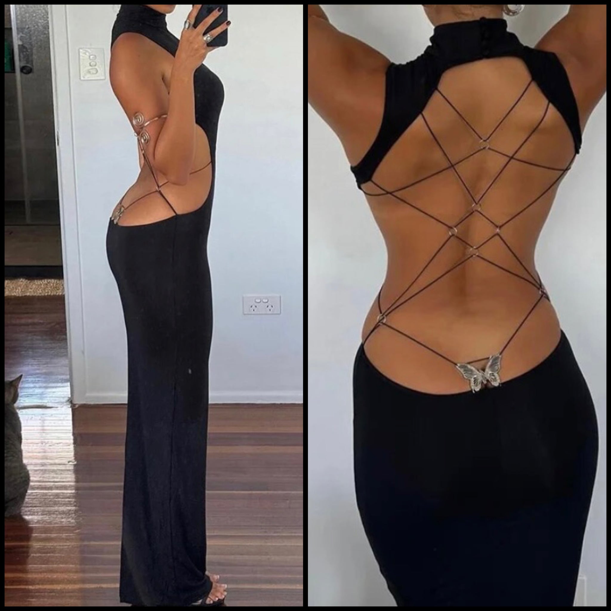 Women Butterfly Sexy Sleeveless Open Lace Up Back Maxi Dress