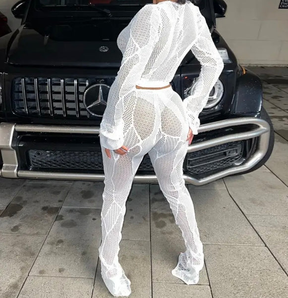 Women Sexy See Through Full Sleeve Two Piece Pant Set