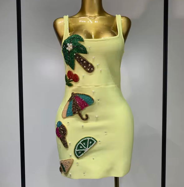 Women Sexy Sleeveless Yellow Beaded Rhinestone Dress