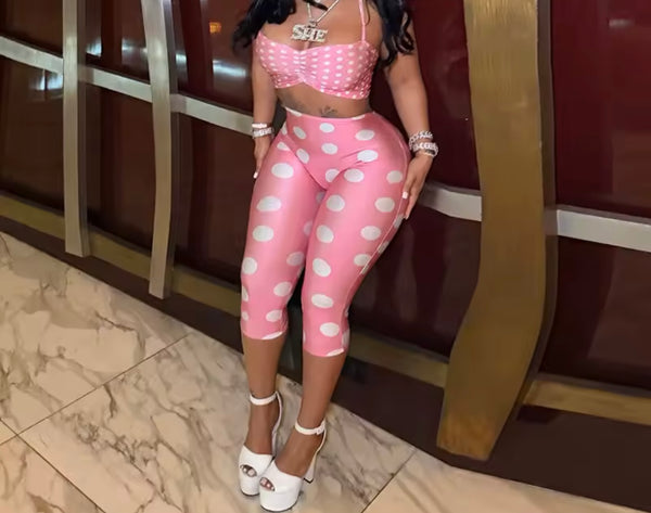 Women Sexy Pink Polka Dot Halter Sleeveless Three Piece Capri Pant Set