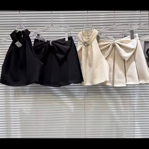 Women Bling Halter Sleeveless Bow Two Piece Pleated Shirt Set