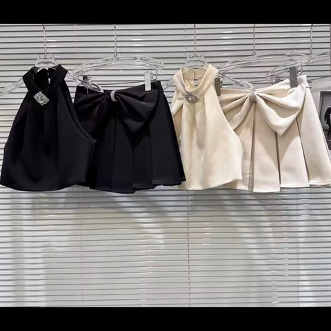 Women Bling Halter Sleeveless Bow Two Piece Pleated Shirt Set