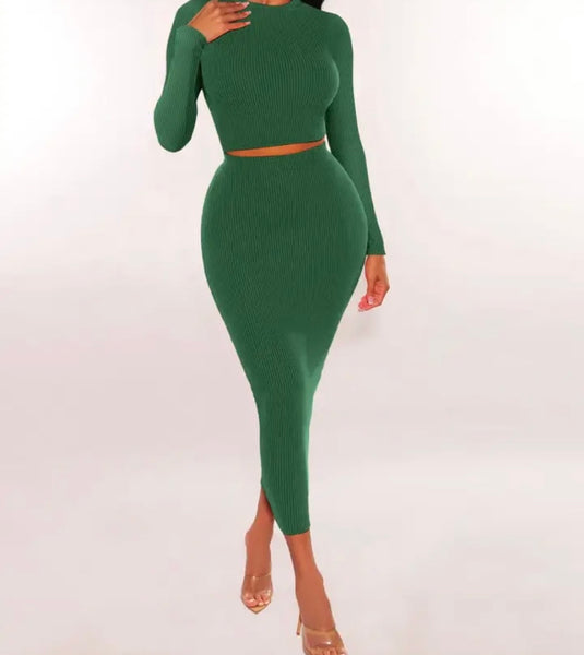 Women Ribbed Solid Color Full Sleeve Two Piece Maxi Skirt Set