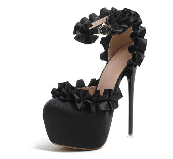 Women Fashion Ruffled Platform Ankle Strap High Heels