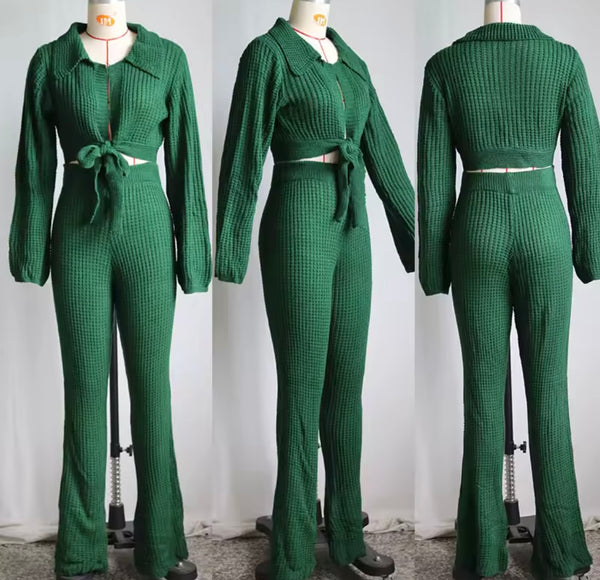 Women Knitted Tie Up Full Sleeve Crop Two Piece Fashion Pant Set
