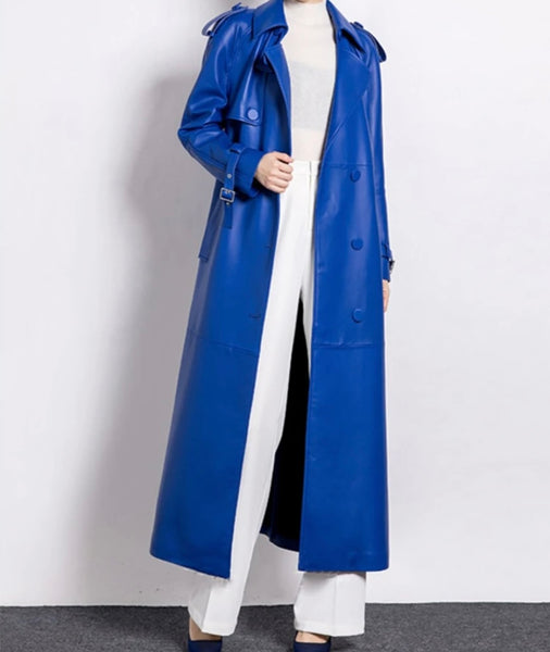 Women Blue Faux Leather Fashion Trench Jacket