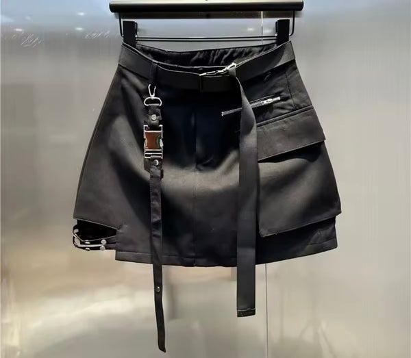 Women Black Pocket Zipper Fashion Buckled Skirt