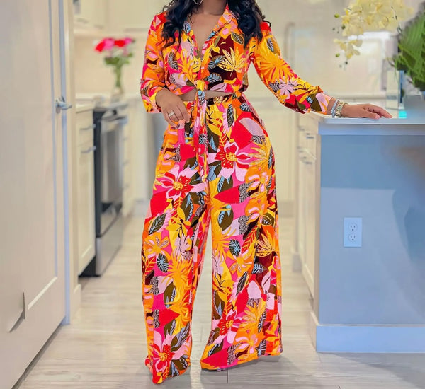 Women Fashion Button Up Floral Full Sleeve Two Piece Pant Set