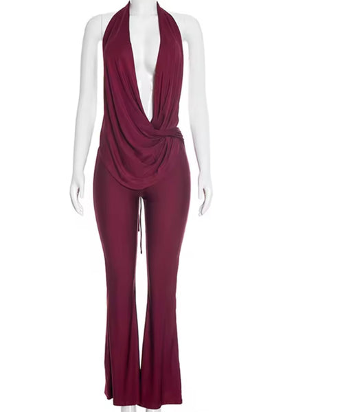 Women Sexy Halter V-Neck Open Back Two Piece Pant Set
