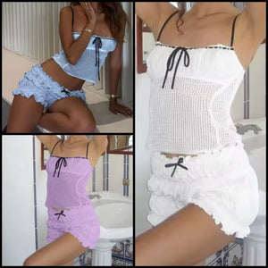 Women Fashion Sleeveless Ruffled Two Piece Short Set