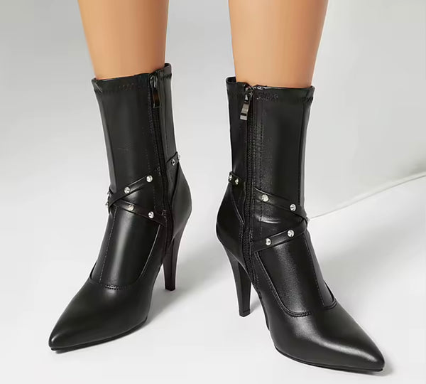 Women Color Pointed Toe Criss-Cross Rivet High Heel Ankle Boots