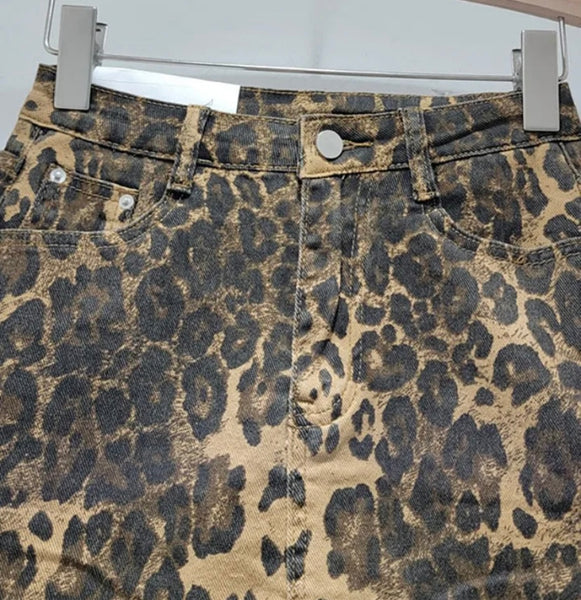 Women Fashion Color Leopard Print Denim Skirt