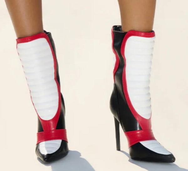 Women Color Patchwork Pointed Toe Faux Leather Ankle Boots