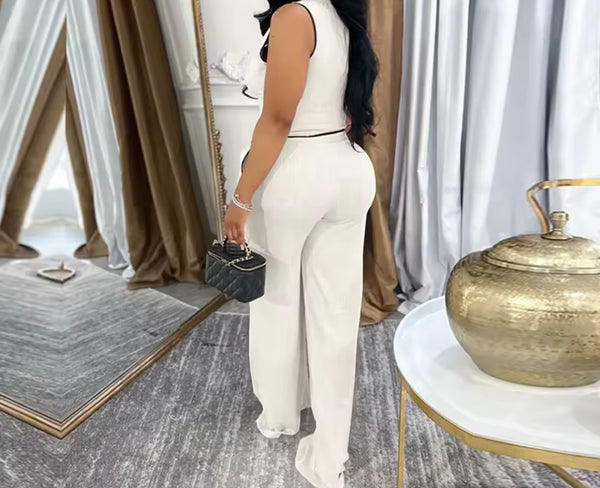 Women Fashion Sleeveless Striped Vest Two Piece Pant Set