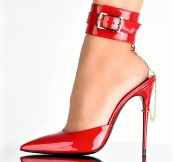 Women Fashion Pointed Toe Patent Leather Chain Buckle High Heels