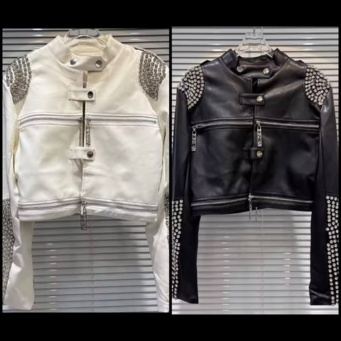 Women Fashion Rhinestone Zip Up Buckled Faux Leather Jacket