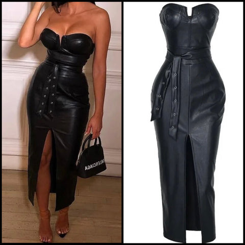 Women Sexy Black Strapless Faux Leather Belted Dress