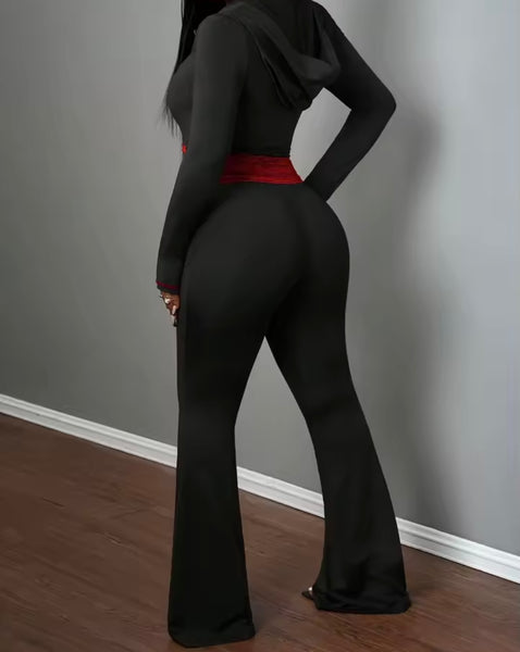 Women Color Lace Patchwork Hooded Zip Up Two Piece Pant Set