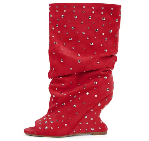 Women Fashion Open Toe Rivet Wedge Ruched Knee High Boots