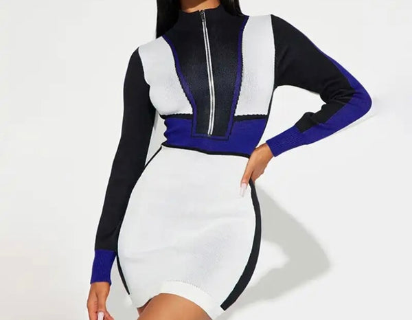 Women Sexy Fashion Full Sleeve Front Zipper Color Patchwork Dress