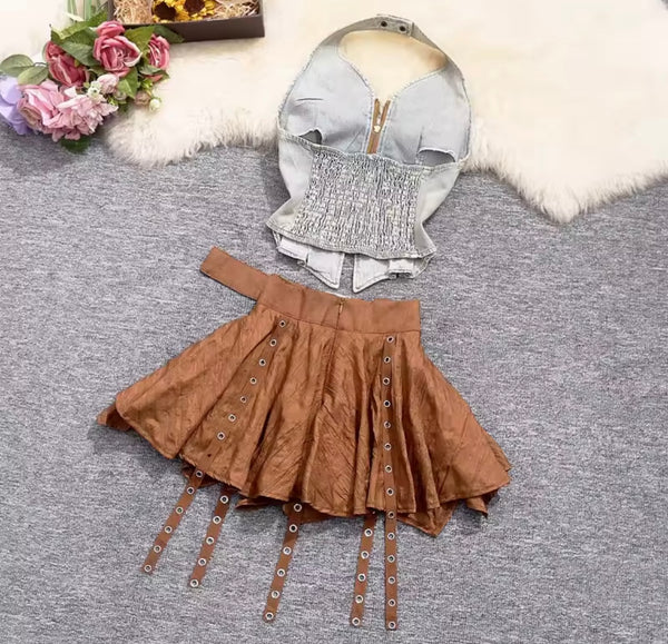 Women Rivet Zip Up Denim Halter Sleeveless Two Piece Pleated Skirt Set
