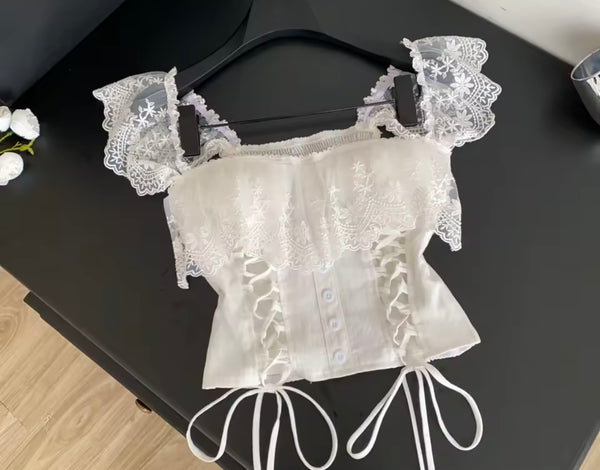 Women Lace Patchwork Tie Up Sleeveless Tank Top