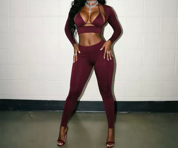 Women Sexy Cut Out Full Sleeve Crop Two Piece Pant Set