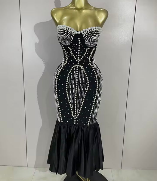 Women Sexy Strapless Rhinestone Pearl Mermaid Maxi Dress