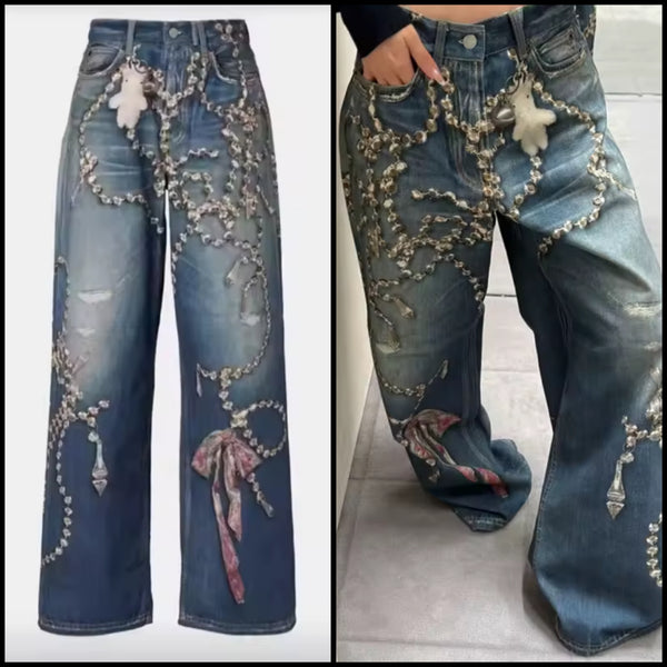 Women Rhinestone Chain Bow Fashion Denim Pants