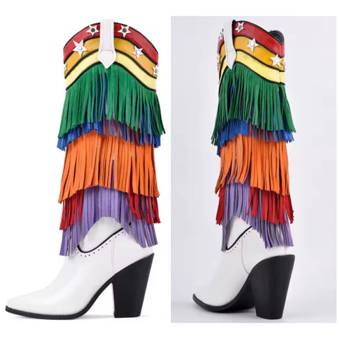 Women White Multicolored Fringe Tassel Knee High Western Boots
