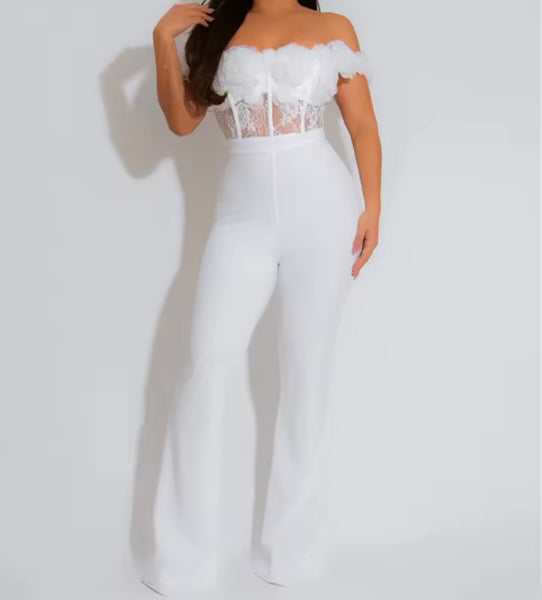 Women Sexy Ruffled Off The Shoulder Lace Patchwork Jumpsuit