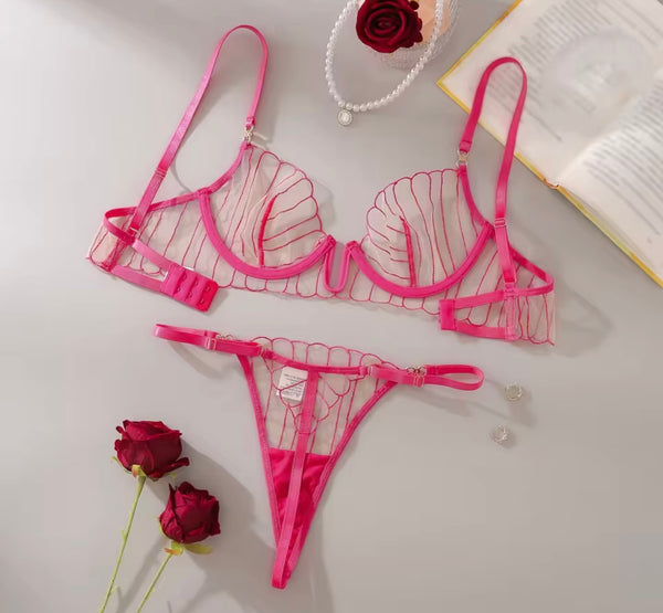 Women Sexy Pink Striped Mesh Lingerie Set