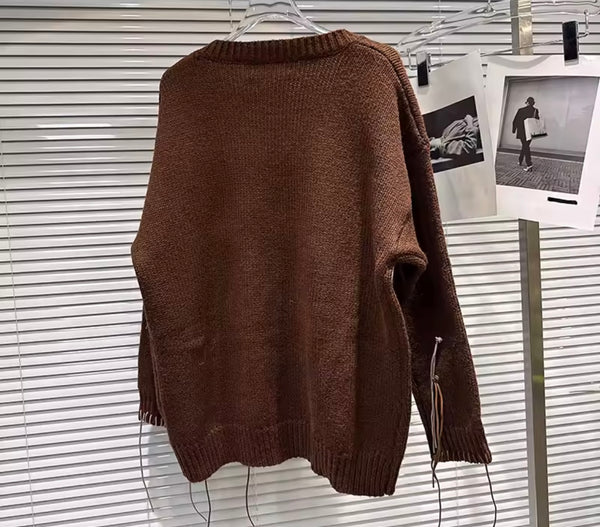 Women Fashion Color Fringe Full Sleeve Sweater Two Piece Short Set