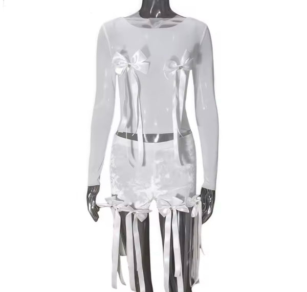 Women White Bow Tassel Full Sleeve Two Piece Short Set