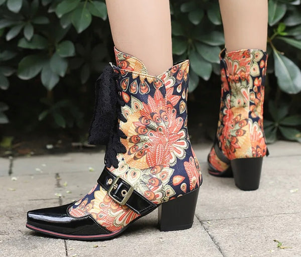 Women Fashion Printed Lace Up Ankle Western Boots