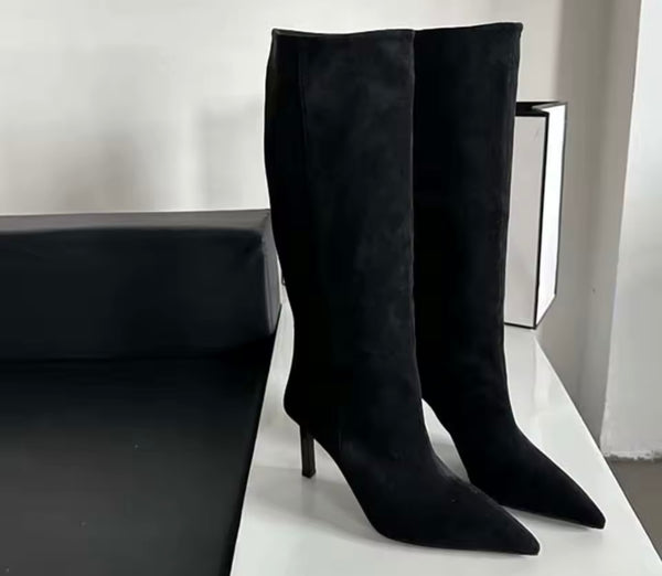 Women Pointed Toe Suede High Heel Knee Length Boots