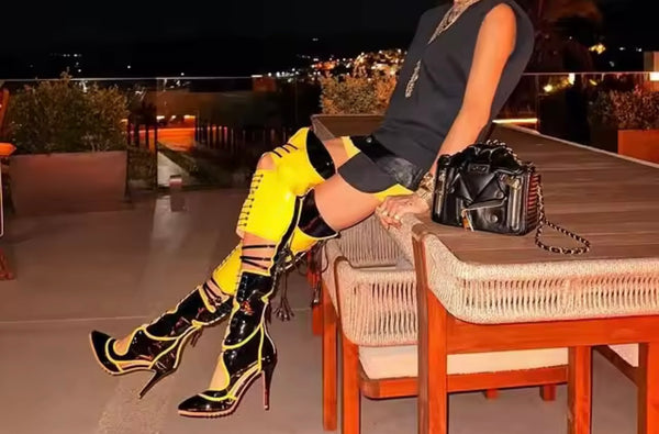 Women Fashion Color Patchwork Lace Up Over The Knee High Heel Boots