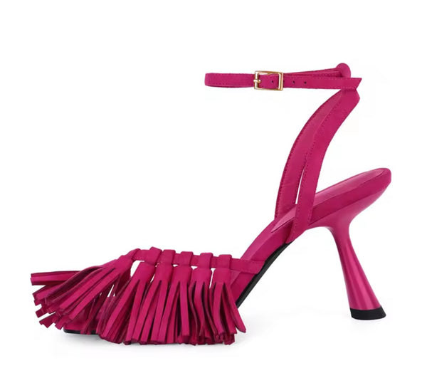 Women Open Toe Fringe Ankle Strap High Heel Sandals