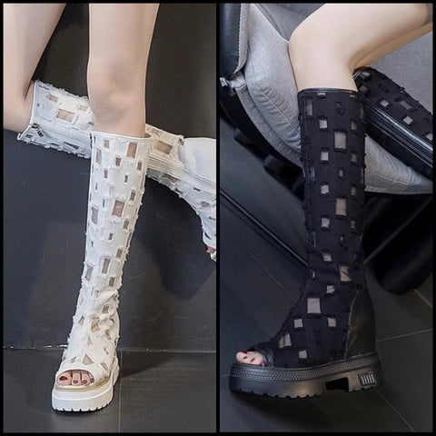 Women Open Toe Mesh Patchwork Fashion Platform Knee High Boots